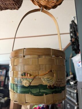 Vintage Handpainted Decorative Basket with Duck Motif - Brown/Green
